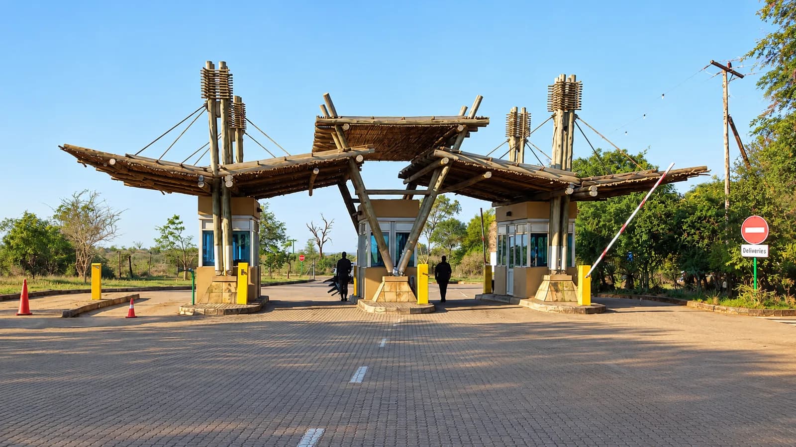 The timber entrance booths and barriers at Crocodile Bridge Gate