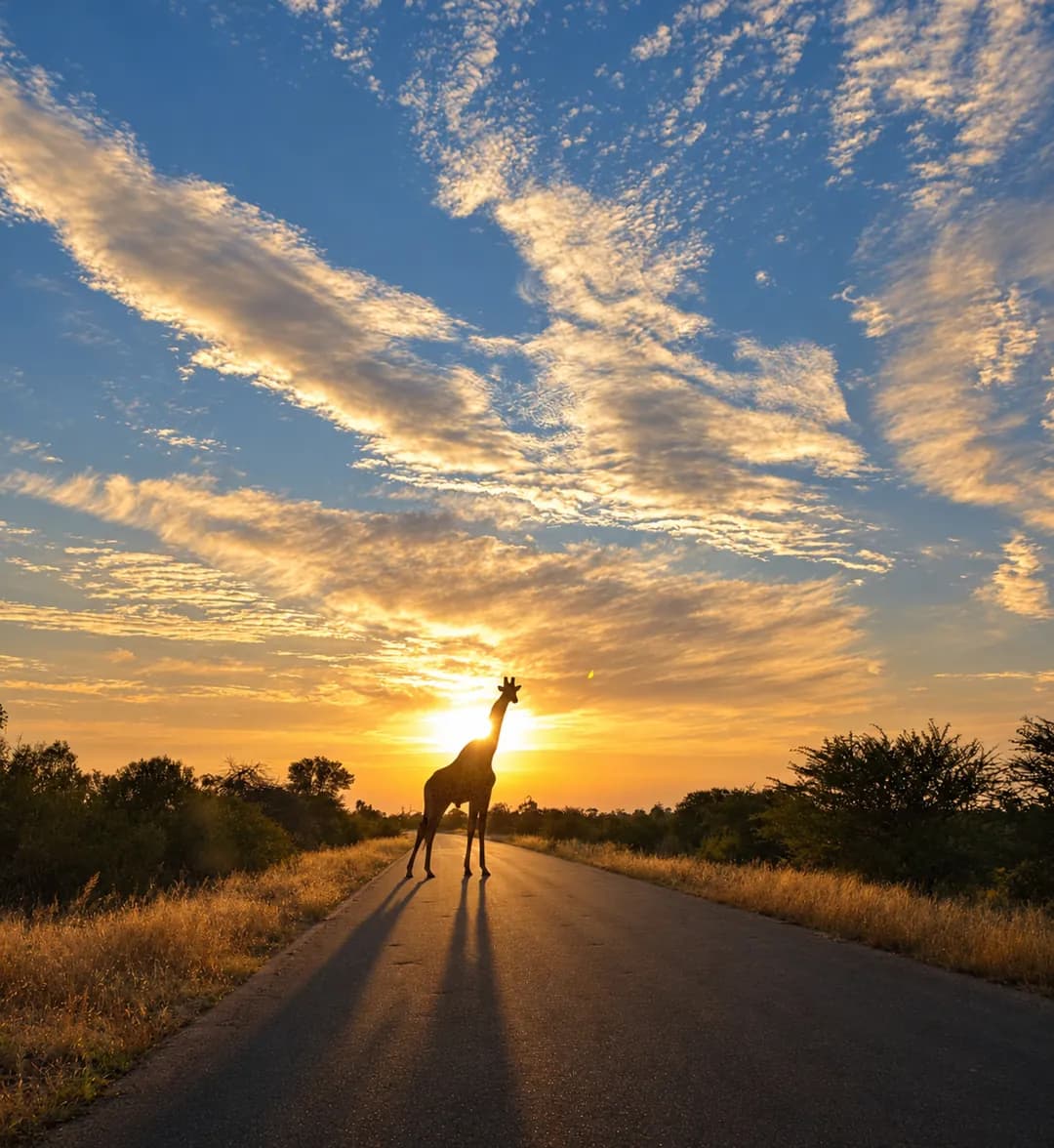A giraffe crossing a bushveld road beneath a glowing sunset
