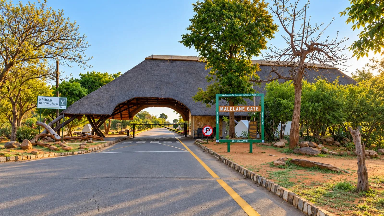 The road approaching the thatched entrance at Malelane Gate, Kruger National Park