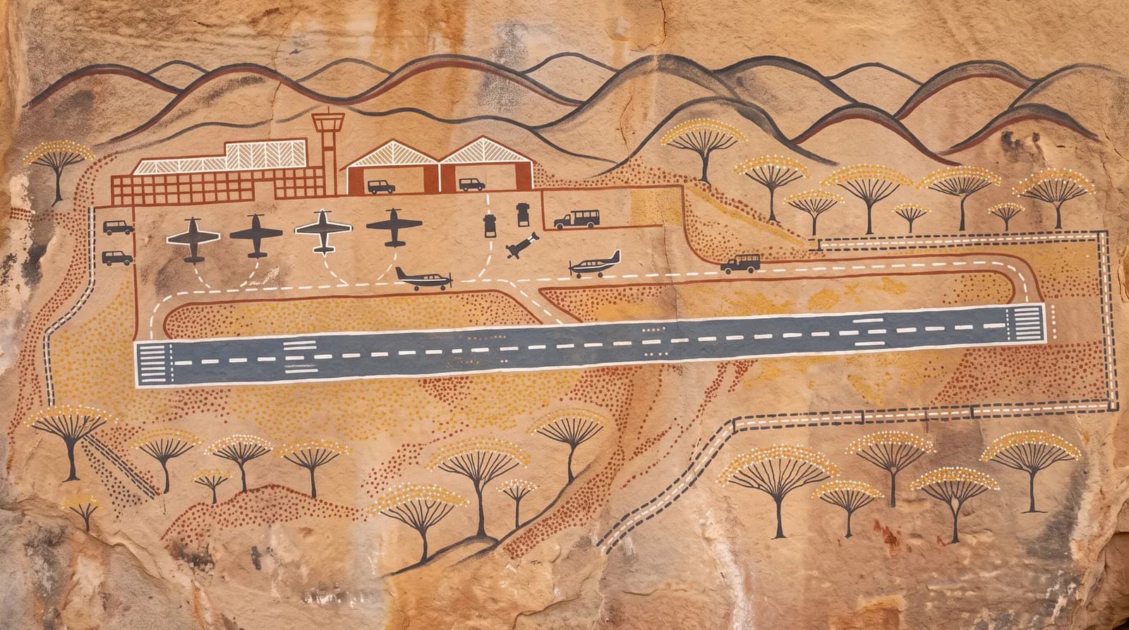 Designer illustration of an airport terminal, runway and Lowveld hills