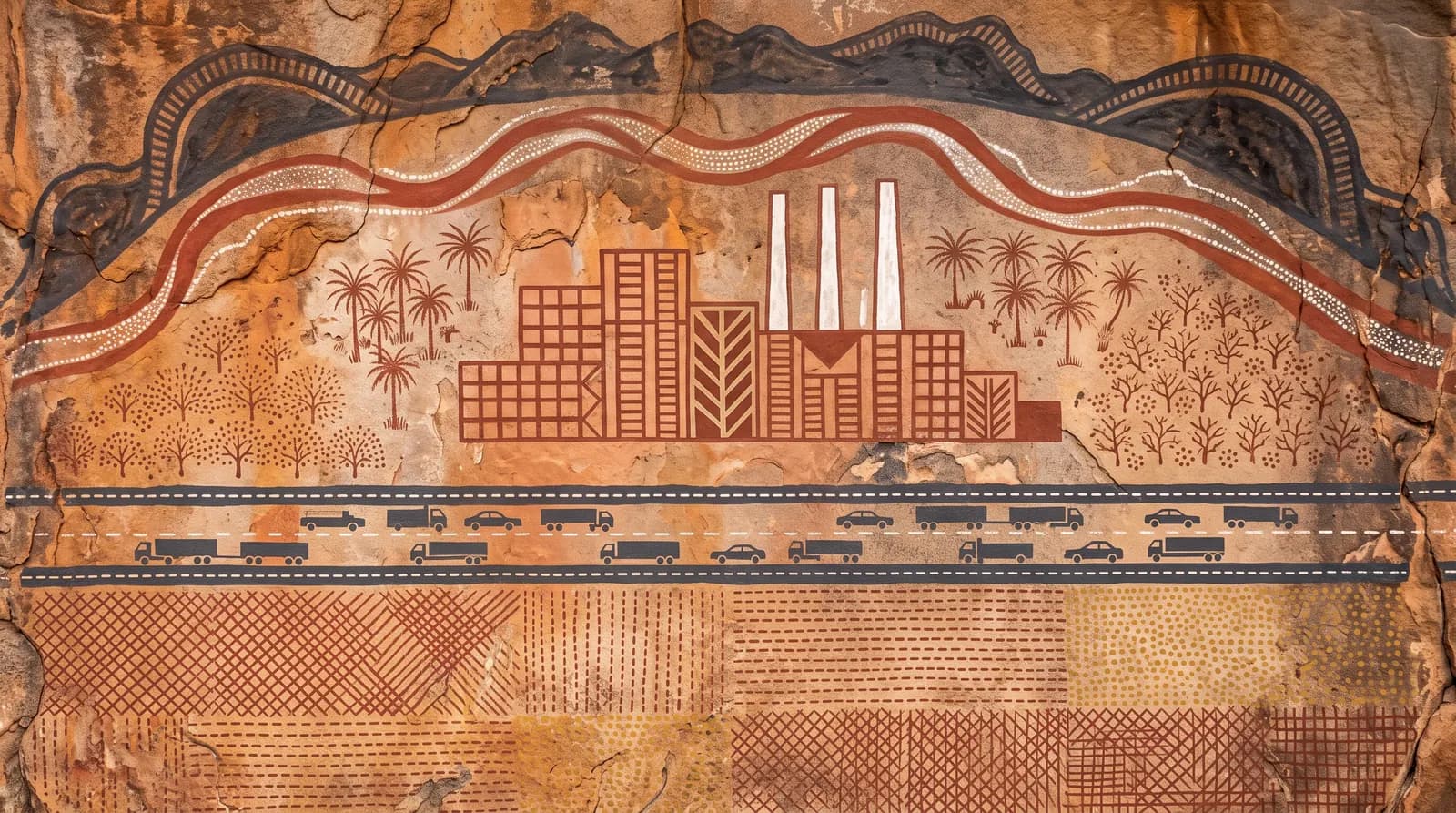 Designer illustration of Malalane town, transport links and agricultural surroundings